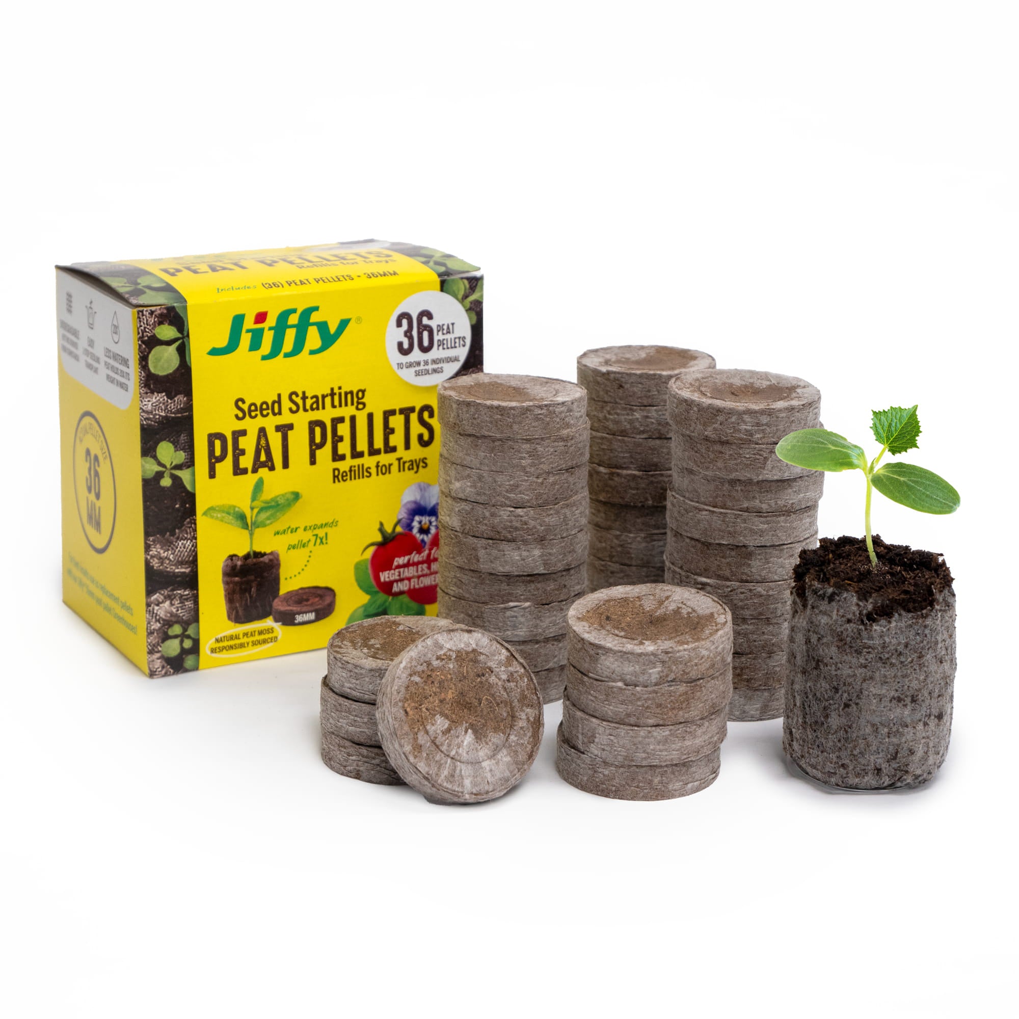 Jiffy brand peat pellets designed for seed starting. The image shows stacks of pellets, some with a small plant growing out of them, and the packaging box in the background.